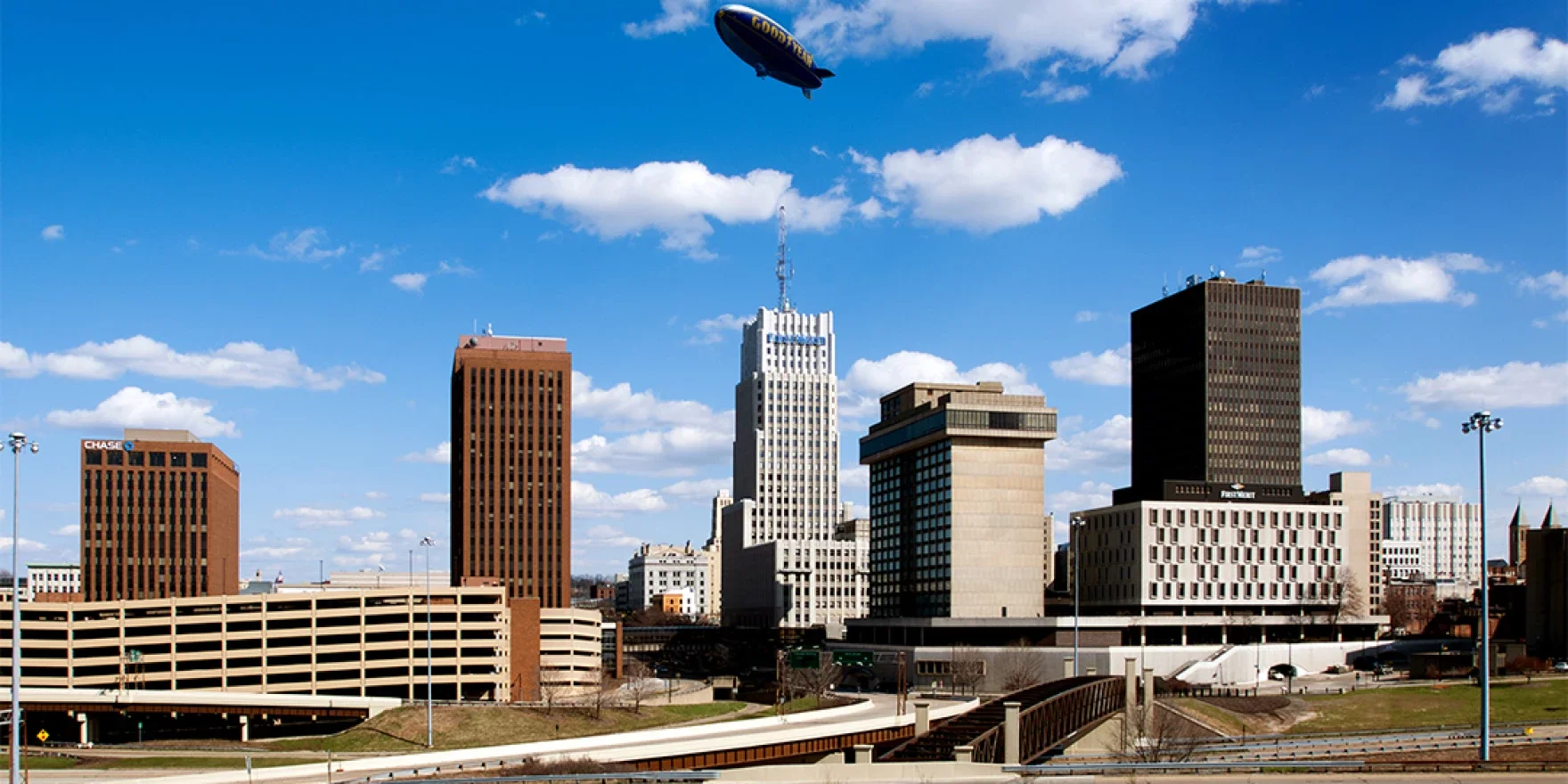 Akron skyline over the river